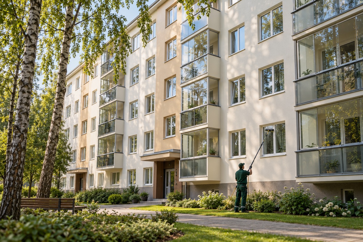 Kortermaja aknad, rõduklaasid ja ühine hoov